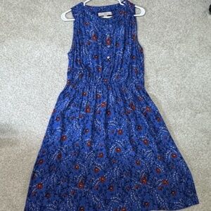 Ann Taylor LOFT Blue Floral Dress Elastic Waist Button/Ruffle Front A-Line Sz M